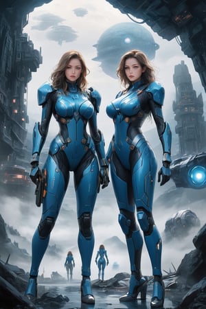 2 girls, looking around, weapons at the ready, dynamic stance, huge breasts, huge curvy hips, narrow waist, skinny, skin tight battle suit, cerulean blue, armor, futuristic, sci-fi, cyberware, cybertech, unexplored world, mist, ancient marvelous structures, ultra highres, atmosphere of mystery and danger, (detailed face:1.2), (detailed eyes:1.2), detailed background, intricate, foggy landscape, photo