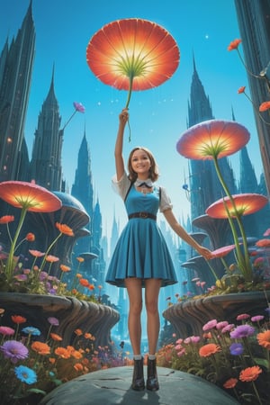 A curious young woman with a bouquet of vibrant flowers stands amidst a fantastical landscape inspired by Wonderland's whimsy. In the background, a glowing alien cityscape stretches towards the sky, illuminated by an ethereal blue light. The young woman's bright smile and outstretched arms seem to welcome the extraterrestrial visitors, as if showcasing her own little patch of wonder in this surreal science fiction world, masterpiece, (((best quality))), hyper detailed, HDR