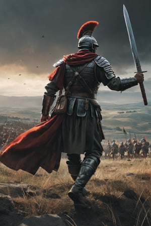 1 man, Roman legionaire, observing a battlefield, side shot, romans and barbarians are fiting in the backgound, battle, (RAW photo, best quality), (realistic, photo-Realistic:1.3), best quality, masterpiece, beautiful and aesthetic, 32K, high contrast, (vibrant color:1.4), cinematic lighting, ambient lighting, sidelighting, exquisite details and textures, cinematic shot, (bright and intense:1.2), a flawlessly composed and exquisitely lit photograph captures the essence of art, filigree elements, glowing accents, perfect composition on complex backgrounds, breathtaking surreal masterpiece, hyperrealistic inspired by Egon Schiele, Luis Royo, artistic, enchanting colors, masterful shadows, hyper details, hyperrealistic, otherworldly, by Yoshitaka Amano, Yoji Shinkawa, complex background, perfect composition, epic, rtx on, octane render, UHD, ghost person