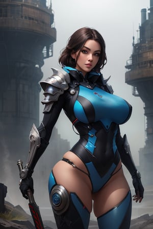 2 girls, looking around, weapons at the ready, dynamic stance, huge breasts, huge curvy hips, narrow waist, skinny, skin tight battle suit, cerulean blue, armor, futuristic, sci-fi, cyberware, cybertech, unexplored world, mist, ancient marvelous structures, ultra highres, atmosphere of mystery and danger, (detailed face:1.2), (detailed eyes:1.2), detailed background, intricate, foggy landscape, masterpiece, best quality