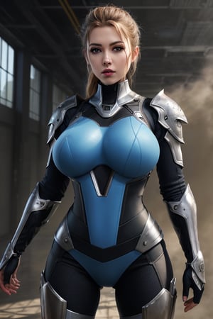 2 girls, looking around, weapons at the ready, dynamic stance, huge breasts, huge curvy hips, narrow waist, skinny, skin tight battle suit, cerulean blue, armor, futuristic, sci-fi, cyberware, cybertech, unexplored world, mist, ancient marvelous structures, ultra highres, atmosphere of mystery and danger, (detailed face:1.2), (detailed eyes:1.2), detailed background, intricate, foggy landscape, masterpiece, best quality