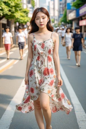 natural photo, realistic image, photo of a beautiful korean girl in floral printed sundress, on Seoul street