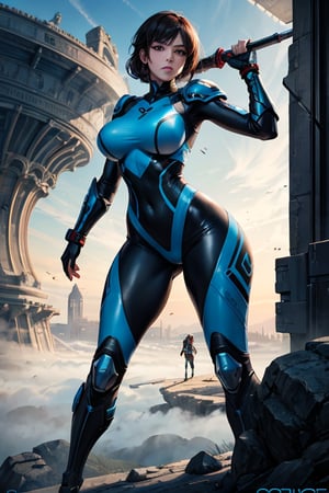 masterpiece, best quality, ultra-detailed, 8K, highly detailed, colorful, 2 girls, looking around, weapons at the ready, dynamic stance, huge breasts, huge curvy hips, narrow waist, skinny, skin tight battle suit, cerulean blue, armor, futuristic, sci-fi, cyberware, cybertech, unexplored world, mist, ancient marvelous structures, ultra highres, atmosphere of mystery and danger, (detailed face:1.2), (detailed eyes:1.2), detailed background, intricate, foggy landscape