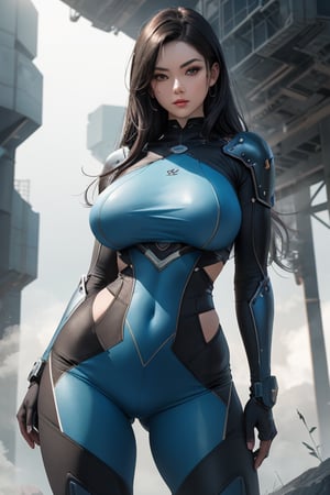 2 girls, looking around, weapons at the ready, dynamic stance, huge breasts, huge curvy hips, narrow waist, skinny, skin tight battle suit, cerulean blue, armor, futuristic, sci-fi, cyberware, cybertech, unexplored world, mist, ancient marvelous structures, ultra highres, atmosphere of mystery and danger, (detailed face:1.2), (detailed eyes:1.2), detailed background, intricate, foggy landscape, masterpiece, best quality