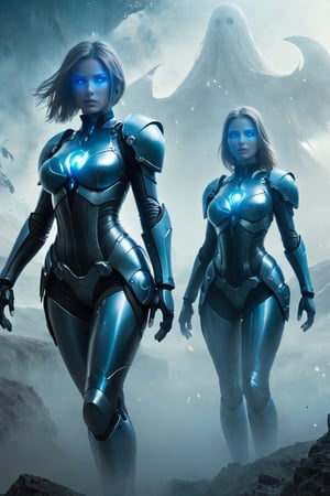 2 girls, looking around, weapons at the ready, dynamic stance, huge breasts, huge curvy hips, narrow waist, skinny, skin tight battle suit, cerulean blue, armor, futuristic, sci-fi, cyberware, cybertech, unexplored world, mist, ancient marvelous structures, ultra highres, atmosphere of mystery and danger, (detailed face:1.2), (detailed eyes:1.2), detailed background, intricate, foggy landscape, ghost person