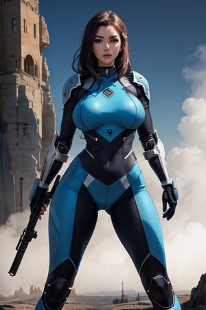 2 girls, looking around, weapons at the ready, dynamic stance, huge breasts, huge curvy hips, narrow waist, skinny, skin tight battle suit, cerulean blue, armor, futuristic, sci-fi, cyberware, cybertech, unexplored world, mist, ancient marvelous structures, ultra highres, atmosphere of mystery and danger, (detailed face:1.2), (detailed eyes:1.2), detailed background, intricate, foggy landscape, masterpiece, best quality