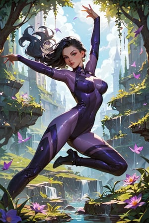 score_9, score_8_up, score_7_up, 1girl, full body, dynamic pose, purple catsuit, lush long black hair, in a gothic metropolis, best quality, HD32k