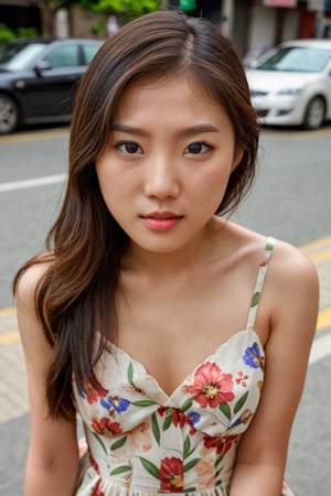 photography, realistic, raw photo, photo of a beautiful korean girl in floral printed sundress, on Seoul street, detailed iris and pupil, textured skin, realistic, intricate detailed, flash photography, realistic, amazing photo, Camera="NIKON Z9", Lens="NIKKOR Z 24-70mm f/2.8 S", "Aperture-of=f/8", "ISO=400"