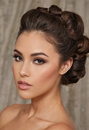 photography, realistic, raw photo, gorgeous brazilian model, brunette, Romantic Updo with Loose Curls, heavy makeup, intricate detailed, amazing photo