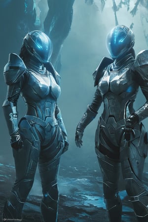 2 girls, looking around, weapons at the ready, dynamic stance, huge breasts, huge curvy hips, narrow waist, skinny, skin tight battle suit, cerulean blue, armor, futuristic, sci-fi, cyberware, cybertech, unexplored world, mist, ancient marvelous structures, ultra highres, atmosphere of mystery and danger, (detailed face:1.2), (detailed eyes:1.2), detailed background, intricate, foggy landscape, ghost person