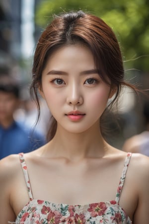 photography, realistic, raw photo, photo of a beautiful korean girl in floral printed sundress, on Seoul street, detailed iris and pupil, textured skin, candid shot, realistic, intricate detailed, flash photography, amazing photo, Camera="Sony 7R IV", Lens="Tamron 35-150mm F2-2.8 (Model A058)", "Aperture-of=f/8", "ISO=400"