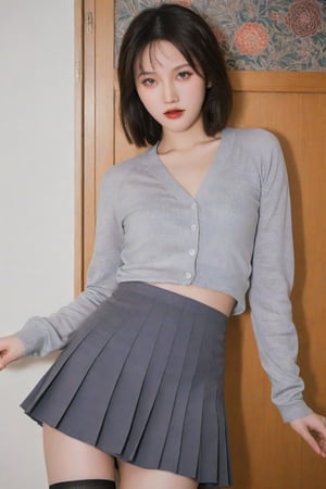 grey pleated skirt, grey cardigan, stockings,full_body, full body shot, perfect hands, perfect lighting, vibrant colors, intricate details, high detailed skin, intricate background, realistic, raw, analog, taken by Canon EOS,SIGMA Art Lens 35mm F1.4,ISO 200 Shutter Speed 2000,Vivid picture,hubggirl