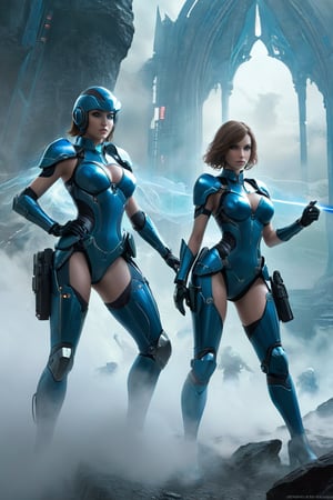 2 girls, looking around, weapons at the ready, dynamic stance, huge breasts, huge curvy hips, narrow waist, skinny, skin tight battle suit, cerulean blue, armor, futuristic, sci-fi, cyberware, cybertech, unexplored world, mist, ancient marvelous structures, ultra highres, atmosphere of mystery and danger, (detailed face:1.2), (detailed eyes:1.2), detailed background, intricate, foggy landscape, ghost person