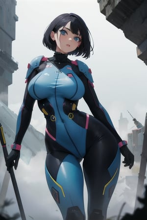 2 girls, looking around, weapons at the ready, dynamic stance, huge breasts, huge curvy hips, narrow waist, skinny, skin tight battle suit, cerulean blue, armor, futuristic, sci-fi, cyberware, cybertech, unexplored world, mist, ancient marvelous structures, ultra highres, atmosphere of mystery and danger, (detailed face:1.2), (detailed eyes:1.2), detailed background, intricate, foggy landscape, masterpiece, best quality,incredibly absurdres