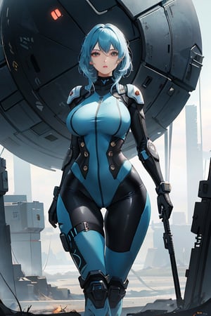 2 girls, looking around, weapons at the ready, dynamic stance, huge breasts, huge curvy hips, narrow waist, skinny, skin tight battle suit, cerulean blue, armor, futuristic, sci-fi, cyberware, cybertech, unexplored world, mist, ancient marvelous structures, ultra highres, atmosphere of mystery and danger, (detailed face:1.2), (detailed eyes:1.2), detailed background, intricate, foggy landscape, masterpiece, best quality