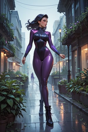 score_9, score_8_up, score_7_up, 1girl, full body, dynamic pose, purple catsuit, lush long black hair, in a gothic metropolis street, night, skyscrapers, best quality, HD32k