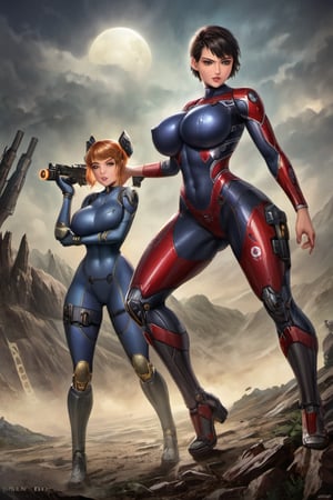 2 girls, looking around, weapons at the ready, dynamic stance, huge breasts, huge curvy hips, narrow waist, skinny, skin tight battle suit, cerulean blue, armor, futuristic, sci-fi, cyberware, cybertech, unexplored world, mist, ancient marvelous structures, ultra highres, atmosphere of mystery and danger, (detailed face:1.2), (detailed eyes:1.2), detailed background, intricate, foggy landscape, ghost person