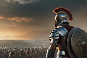 Roman legionnaire, observing a battlefield, side shot, thousands of romans and barbarians are fighting in the backgound, two armies, battle, war scene, banners, (RAW photo, best quality), (realistic, photo-Realistic:1.3), best quality, masterpiece, beautiful and aesthetic, 32K, high contrast, (vibrant color:1.4), cinematic lighting, ambient lighting, sidelighting, exquisite details and textures, cinematic shot, (bright and intense:1.2), a flawlessly composed and exquisitely lit photograph captures the essence of art, filigree elements, glowing accents, perfect composition on complex backgrounds, breathtaking surreal masterpiece, hyperrealistic inspired by Egon Schiele, Luis Royo, artistic, enchanting colors, masterful shadows, hyper details, hyperrealistic, otherworldly, by Yoshitaka Amano, Yoji Shinkawa, complex background, perfect composition, epic, rtx on, octane render, UHD, ghost person