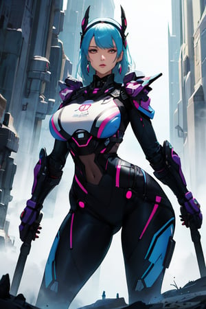 2 girls, looking around, weapons at the ready, dynamic stance, huge breasts, huge curvy hips, narrow waist, skinny, skin tight battle suit, cerulean blue, armor, futuristic, sci-fi, cyberware, cybertech, unexplored world, mist, ancient marvelous structures, ultra highres, atmosphere of mystery and danger, (detailed face:1.2), (detailed eyes:1.2), detailed background, intricate, foggy landscape, masterpiece, best quality