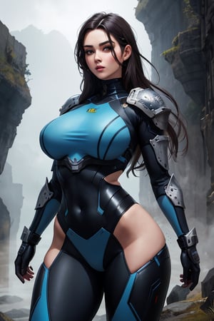 2 girls, looking around, weapons at the ready, dynamic stance, huge breasts, huge curvy hips, narrow waist, skinny, skin tight battle suit, cerulean blue, armor, futuristic, sci-fi, cyberware, cybertech, unexplored world, mist, ancient marvelous structures, ultra highres, atmosphere of mystery and danger, (detailed face:1.2), (detailed eyes:1.2), detailed background, intricate, foggy landscape, masterpiece, best quality