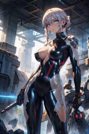 2 girls, looking around, weapons at the ready, dynamic stance, huge breasts, huge curvy hips, narrow waist, skinny, skin tight translucent white glossy smooth bodysuit, armor, futuristic, sci-fi, cyberware, cybertech, unexplored world, mist, ancient marvelous structures, ultra highres, atmosphere of mystery and danger, (detailed face:1.2), (detailed eyes:1.2), detailed background, intricate, foggy landscape, masterpiece, best quality, perfect, Enhance, FUJI, rubbersuit02, rubbersuit, realhands, Extremely Realistic, latex suit, rubber suit,Anime