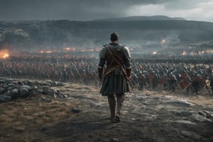 Roman legionnaire, observing a battlefield, side shot, thousands of romans and barbarians are fighting in the backgound, two armies, battle, war scene, (RAW photo, best quality), (realistic, photo-Realistic:1.3), best quality, masterpiece, beautiful and aesthetic, 32K, high contrast, (vibrant color:1.4), cinematic lighting, ambient lighting, sidelighting, exquisite details and textures, cinematic shot, (bright and intense:1.2), a flawlessly composed and exquisitely lit photograph captures the essence of art, filigree elements, glowing accents, perfect composition on complex backgrounds, breathtaking surreal masterpiece, hyperrealistic inspired by Egon Schiele, Luis Royo, artistic, enchanting colors, masterful shadows, hyper details, hyperrealistic, otherworldly, by Yoshitaka Amano, Yoji Shinkawa, complex background, perfect composition, epic, rtx on, octane render, UHD, ghost person