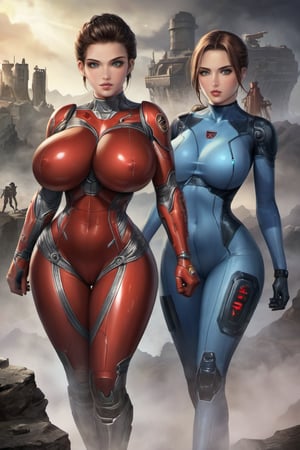 2 girls, looking around, weapons at the ready, dynamic stance, huge breasts, huge curvy hips, narrow waist, skinny, skin tight battle suit, cerulean blue, armor, futuristic, sci-fi, cyberware, cybertech, unexplored world, mist, ancient marvelous structures, ultra highres, atmosphere of mystery and danger, (detailed face:1.2), (detailed eyes:1.2), detailed background, intricate, foggy landscape, ghost person