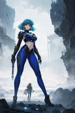 2 girls, looking around, weapons at the ready, dynamic stance, huge breasts, huge curvy hips, narrow waist, skinny, skin tight battle suit, cerulean blue, armor, futuristic, sci-fi, cyberware, cybertech, unexplored world, mist, ancient marvelous structures, ultra highres, atmosphere of mystery and danger, (detailed face:1.2), (detailed eyes:1.2), detailed background, intricate, foggy landscape, masterpiece, best quality,incredibly absurdres,rayearth