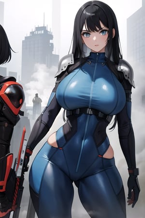 2 girls, looking around, weapons at the ready, dynamic stance, huge breasts, huge curvy hips, narrow waist, skinny, skin tight battle suit, cerulean blue, armor, futuristic, sci-fi, cyberware, cybertech, unexplored world, mist, ancient marvelous structures, ultra highres, atmosphere of mystery and danger, (detailed face:1.2), (detailed eyes:1.2), detailed background, intricate, foggy landscape, masterpiece, best quality