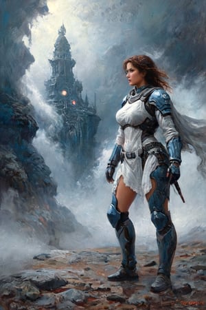 2 girls, looking around, weapons at the ready, dynamic stance, huge breasts, huge curvy hips, narrow waist, skinny, skin tight battle suit, cerulean blue, armor, futuristic, sci-fi, cyberware, cybertech, unexplored world, mist, ancient marvelous structures, ultra highres, atmosphere of mystery and danger, (detailed face:1.2), (detailed eyes:1.2), detailed background, intricate, foggy landscape, ghost person,score_9