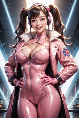 score_9, score_8_up, score_7_up,, score_6_up, (Masterpiece, Best Quality: 1.2), asian girl, long hair, smile, open mouth, bangs, big breasts, gloves, long sleeves, cleavage, twin tails, coat, smiling, shiny, hands on hips, shiny skin, v-shaped, headphones, tight clothing, gown, shiny clothes, latex, pink gloves, pink latex tights, big breasts, nudity, zipper completely open, sexy pose, facing the viewer, ultra highres, (detailed face:1.2), (detailed eyes:1.2), intricate, intricate design and details, ultra detailed, highest detail quality, ultra realistic, photography lighting, overcast reflection mapping, masterpiece, best quality, score_5_up