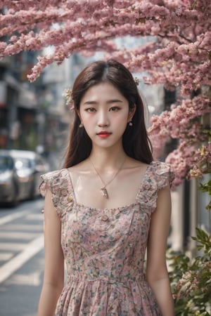 beautiful korean girl in floral printed sundress, on Seoul street, detailed iris and pupil, textured skin, realistic, intricate detailed, Camera="Hasselblad X1D 50c", Lens="Hasselblad XCD 90 mm f/3.2 ", "Aperture-of=f/2.8", "ISO=100"