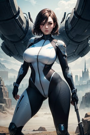 masterpiece, best quality, ultra-detailed, 8K, highly detailed, colorful, 2 girls, looking around, weapons at the ready, dynamic stance, huge breasts, huge curvy hips, narrow waist, skinny, skin tight battle suit, cerulean blue, armor, futuristic, sci-fi, cyberware, cybertech, unexplored world, mist, ancient marvelous structures, ultra highres, atmosphere of mystery and danger, (detailed face:1.2), (detailed eyes:1.2), detailed background, intricate, foggy landscape