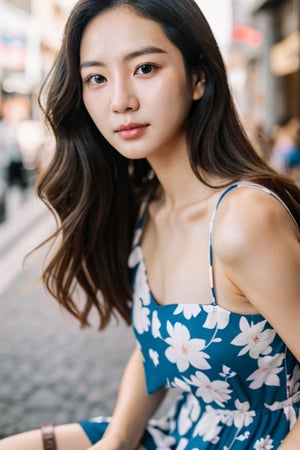 photography, realistic, raw photo, photo of a beautiful korean girl in floral printed sundress, on Seoul street, detailed iris and pupil, textured skin, realistic, intricate detailed, flash photography, realistic, amazing photo, Camera="NIKON Z9", Lens="NIKKOR Z 24-70mm f/2.8 S", "Aperture-of=f/8", "ISO=400"