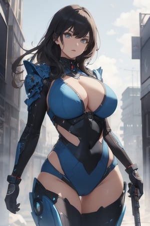 2 girls, looking around, weapons at the ready, dynamic stance, huge breasts, huge curvy hips, narrow waist, skinny, skin tight battle suit, cerulean blue, armor, futuristic, sci-fi, cyberware, cybertech, unexplored world, mist, ancient marvelous structures, ultra highres, atmosphere of mystery and danger, (detailed face:1.2), (detailed eyes:1.2), detailed background, intricate, foggy landscape, masterpiece, best quality,incredibly absurdres