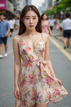 photography, realistic, raw photo, photo of a beautiful korean girl in floral printed sundress, on Seoul street, detailed iris and pupil, textured skin, realistic, intricate detailed, flash photography, realistic, amazing photo, Camera="NIKON Z9", Lens="NIKKOR Z 24-70mm f/2.8 S", "Aperture-of=f/8", "ISO=400"