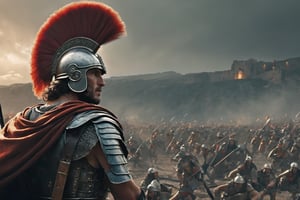 Roman legionnaire, observing a battlefield, side shot, thousands of romans and barbarians are fighting in the backgound, two armies, battle, war scene, banners, (RAW photo, best quality), (realistic, photo-Realistic:1.3), best quality, masterpiece, beautiful and aesthetic, 32K, high contrast, (vibrant color:1.4), cinematic lighting, ambient lighting, sidelighting, exquisite details and textures, cinematic shot, (bright and intense:1.2), a flawlessly composed and exquisitely lit photograph captures the essence of art, filigree elements, glowing accents, perfect composition on complex backgrounds, breathtaking surreal masterpiece, hyperrealistic inspired by Egon Schiele, Luis Royo, artistic, enchanting colors, masterful shadows, hyper details, hyperrealistic, otherworldly, by Yoshitaka Amano, Yoji Shinkawa, complex background, perfect composition, epic, rtx on, octane render, UHD, ghost person