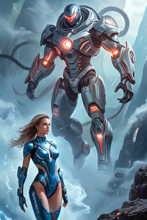 2 girls, looking around, weapons at the ready, dynamic stance, huge breasts, huge curvy hips, narrow waist, skinny, skin tight battle suit, cerulean blue, armor, futuristic, sci-fi, cyberware, cybertech, unexplored world, mist, ancient marvelous structures, ultra highres, atmosphere of mystery and danger, (detailed face:1.2), (detailed eyes:1.2), detailed background, intricate, foggy landscape, ghost person