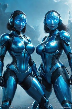 2 girls, looking around, weapons at the ready, dynamic stance, huge breasts, huge curvy hips, narrow waist, skinny, skin tight battle suit, cerulean blue, armor, futuristic, sci-fi, cyberware, cybertech, unexplored world, mist, ancient marvelous structures, ultra highres, atmosphere of mystery and danger, (detailed face:1.2), (detailed eyes:1.2), detailed background, intricate, foggy landscape