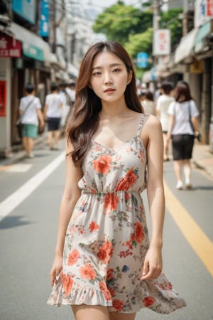 photography, realistic, raw photo, photo of a beautiful korean girl in floral printed sundress, on Seoul street