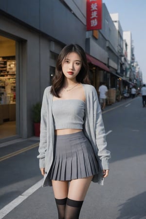 Asian female standing on the street,OOTD,Outfit of the Day,full_body,solo,grey pleated skirt, grey cardigan, stockings,full_body, full body shot, long legs, perfect hands, perfect lighting, vibrant colors, intricate details, high detailed skin, intricate background, realistic, raw, analog, taken by Canon EOS,SIGMA Art Lens 35mm F1.4,ISO 200 Shutter Speed 2000,Vivid picture,hubggirl