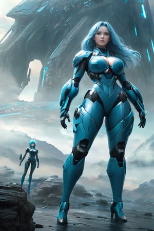 2 girls, looking around, weapons at the ready, dynamic stance, huge breasts, huge curvy hips, narrow waist, skinny, skin tight battle suit, cerulean blue, armor, futuristic, sci-fi, cyberware, cybertech, unexplored world, mist, ancient marvelous structures, ultra highres, atmosphere of mystery and danger, (detailed face:1.2), (detailed eyes:1.2), detailed background, intricate, foggy landscape, ghost person