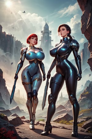 score_9, score_8_up, score_7_up,, score_6_up, 2 girls, dynamic stance, looking around, weapons at the ready, huge breasts, huge curvy hips, narrow waist, skinny, skin tight battle suit, cerulean blue, armor, futuristic, sci-fi, cyberware, cybertech, unexplored world, mist, ancient marvelous structures, ultra highres, detailed background, intricate, foggy landscape, masterpiece, best quality