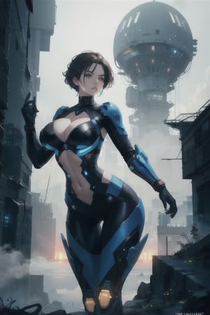 2 girls, looking around, weapons at the ready, dynamic stance, huge breasts, huge curvy hips, narrow waist, skinny, skin tight battle suit, cerulean blue, armor, futuristic, sci-fi, cyberware, cybertech, unexplored world, mist, ancient marvelous structures, ultra highres, atmosphere of mystery and danger, (detailed face:1.2), (detailed eyes:1.2), detailed background, intricate, foggy landscape, masterpiece, best quality