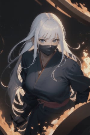 a Japanese ninja girl, long white fire hair, high quality, high resolution, high precision, realism, color correction, proper lighting settings, harmonious composition