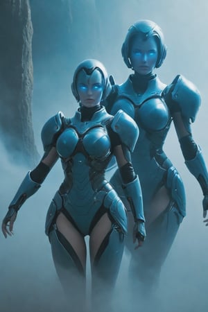 2 girls, looking around, weapons at the ready, dynamic stance, huge breasts, huge curvy hips, narrow waist, skinny, skin tight battle suit, cerulean blue, armor, futuristic, sci-fi, cyberware, cybertech, unexplored world, mist, ancient marvelous structures, ultra highres, atmosphere of mystery and danger, (detailed face:1.2), (detailed eyes:1.2), detailed background, intricate, foggy landscape, ghost person