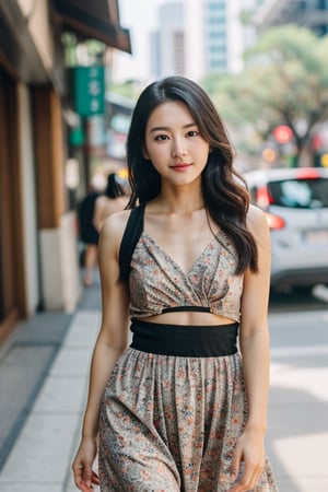 photography, realistic, raw photo, photo of a beautiful korean girl in floral printed sundress, on Seoul street, detailed iris and pupil, textured skin, realistic, intricate detailed, flash photography, realistic, amazing photo, Camera="NIKON Z9", Lens="NIKKOR Z 24-70mm f/2.8 S", "Aperture-of=f/8", "ISO=400"