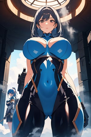 2 girls, looking around, weapons at the ready, dynamic stance, huge breasts, huge curvy hips, narrow waist, skinny, skin tight battle suit, cerulean blue, armor, futuristic, sci-fi, cyberware, cybertech, unexplored world, mist, ancient marvelous structures, ultra highres, atmosphere of mystery and danger, (detailed face:1.2), (detailed eyes:1.2), detailed background, intricate, foggy landscape, masterpiece, best quality