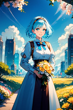 score_9, score_8_up, score_7_up,, score_6_up, A curious young woman with a bouquet of vibrant flowers stands amidst a fantastical landscape inspired by Wonderland's whimsy. In the background, a glowing alien cityscape stretches towards the sky, illuminated by an ethereal blue light. The young woman's bright smile and outstretched arms seem to welcome the extraterrestrial visitors, as if showcasing her own little patch of wonder in this surreal science fiction world. masterpiece, best quality, score_5_up