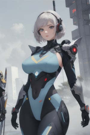 2 girls, looking around, weapons at the ready, dynamic stance, huge breasts, huge curvy hips, narrow waist, skinny, skin tight battle suit, cerulean blue, armor, futuristic, sci-fi, cyberware, cybertech, unexplored world, mist, ancient marvelous structures, ultra highres, atmosphere of mystery and danger, (detailed face:1.2), (detailed eyes:1.2), detailed background, intricate, foggy landscape, masterpiece, best quality